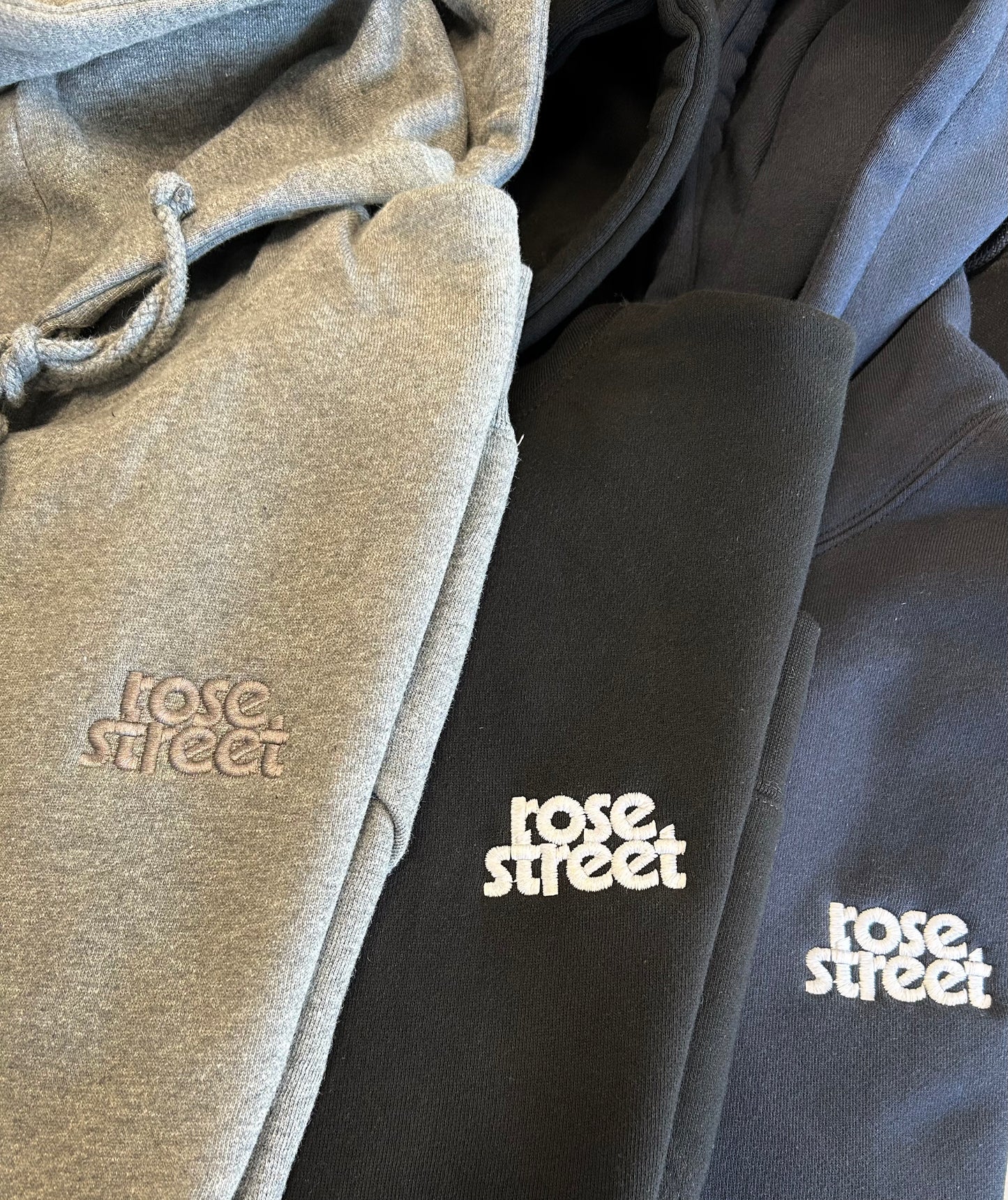 Rose Street Emb Left Chest Stacked Logo Hoodie: Grey