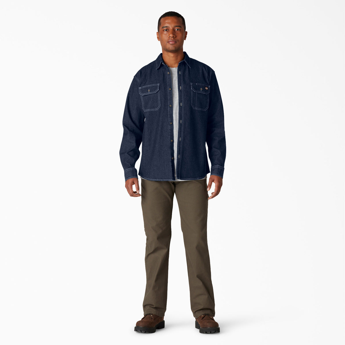 Dickies FLEX Denim Long Sleeve Shirt: Dark Denim Wash