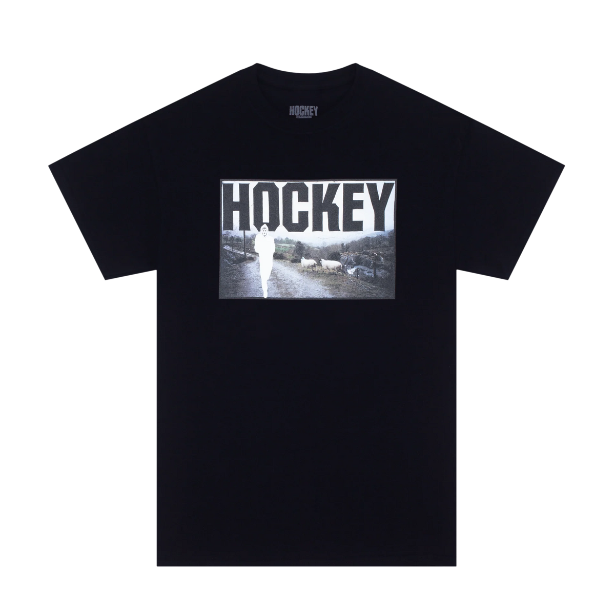 A black short-sleeve t-shirt with a graphic print on the front featuring the word 'HOCKEY' in bold white letters over a black-and-white photo of a player on ice. The brand name 'HOCKEY' is also printed inside the collar.