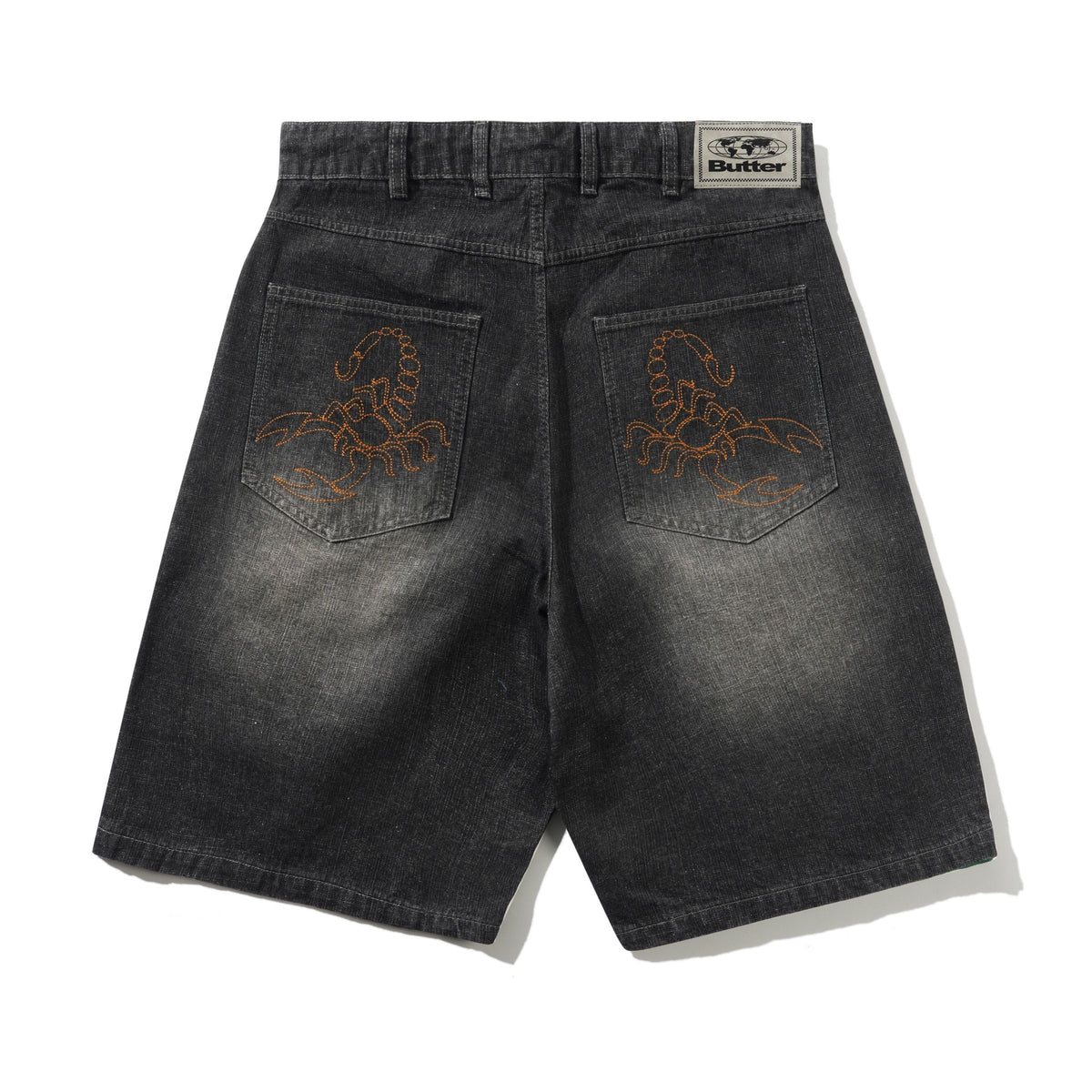 Butter Scorpion Stitch Denim Shorts: Slub Black