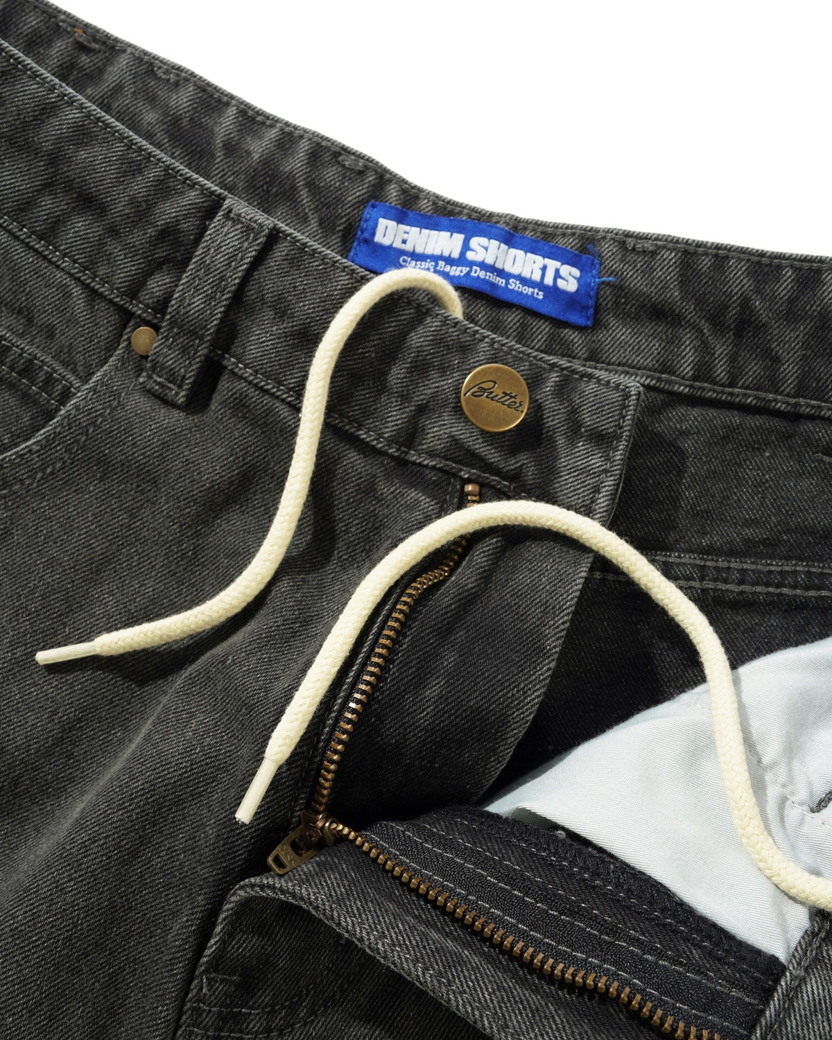 Butter Scorpion Stitch Denim Shorts: Slub Black