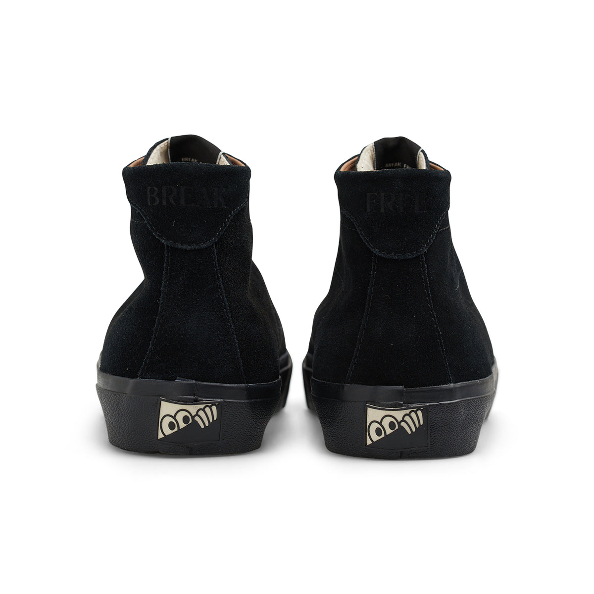 A pair of black high-top ankle boots shown from the back, featuring a suede-like finish, a black rubber sole with a small gold logo, and the words 'BREAK' and 'PRIDE' embossed on the collar tabs.