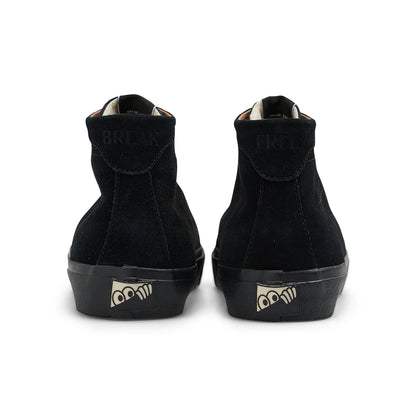 A pair of black high-top ankle boots shown from the back, featuring a suede-like finish, a black rubber sole with a small gold logo, and the words 'BREAK' and 'PRIDE' embossed on the collar tabs.