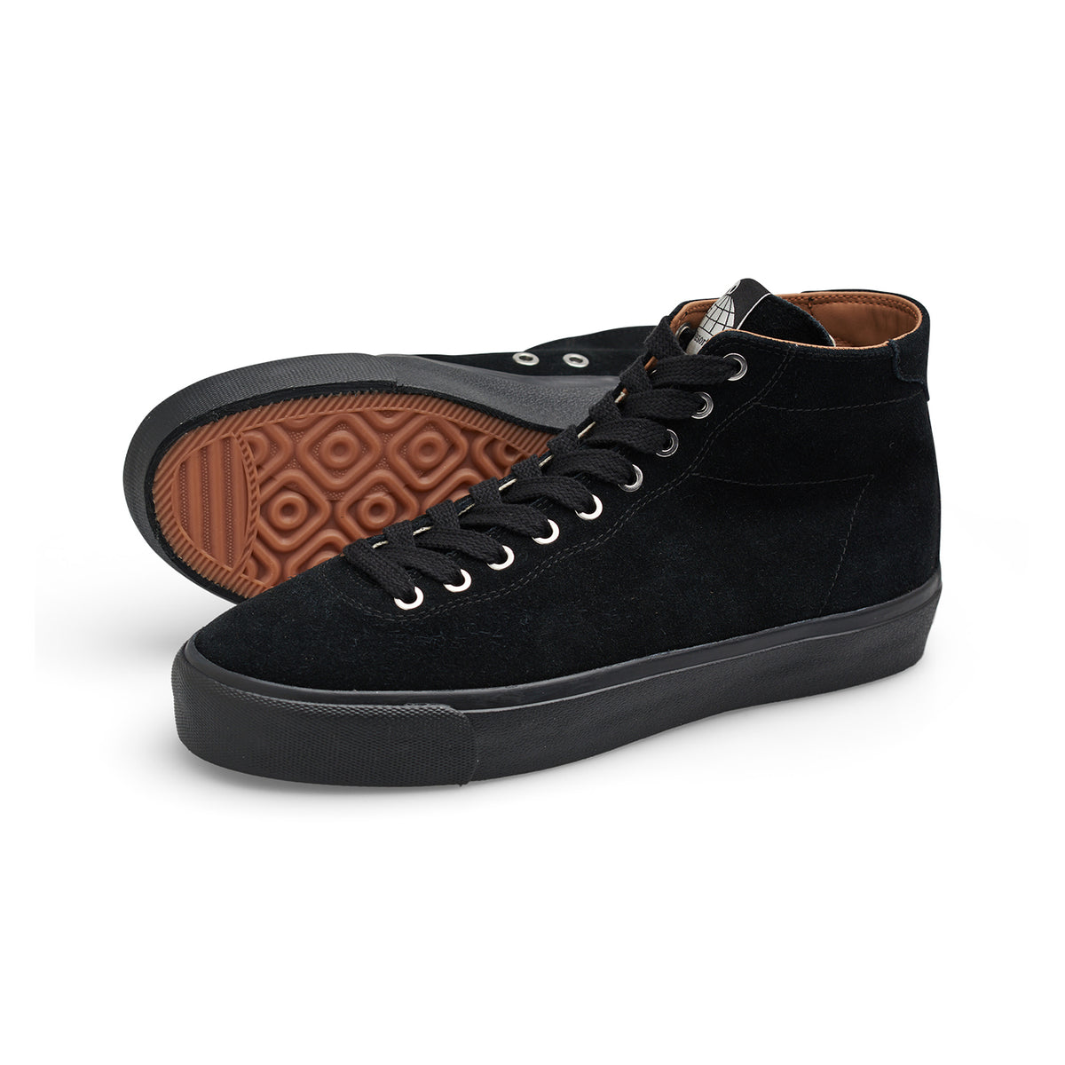 A pair of black high-top sneakers, with one shoe positioned in front of the other to show the brown patterned outsole. The shoes are photographed on a clean, light gray background.