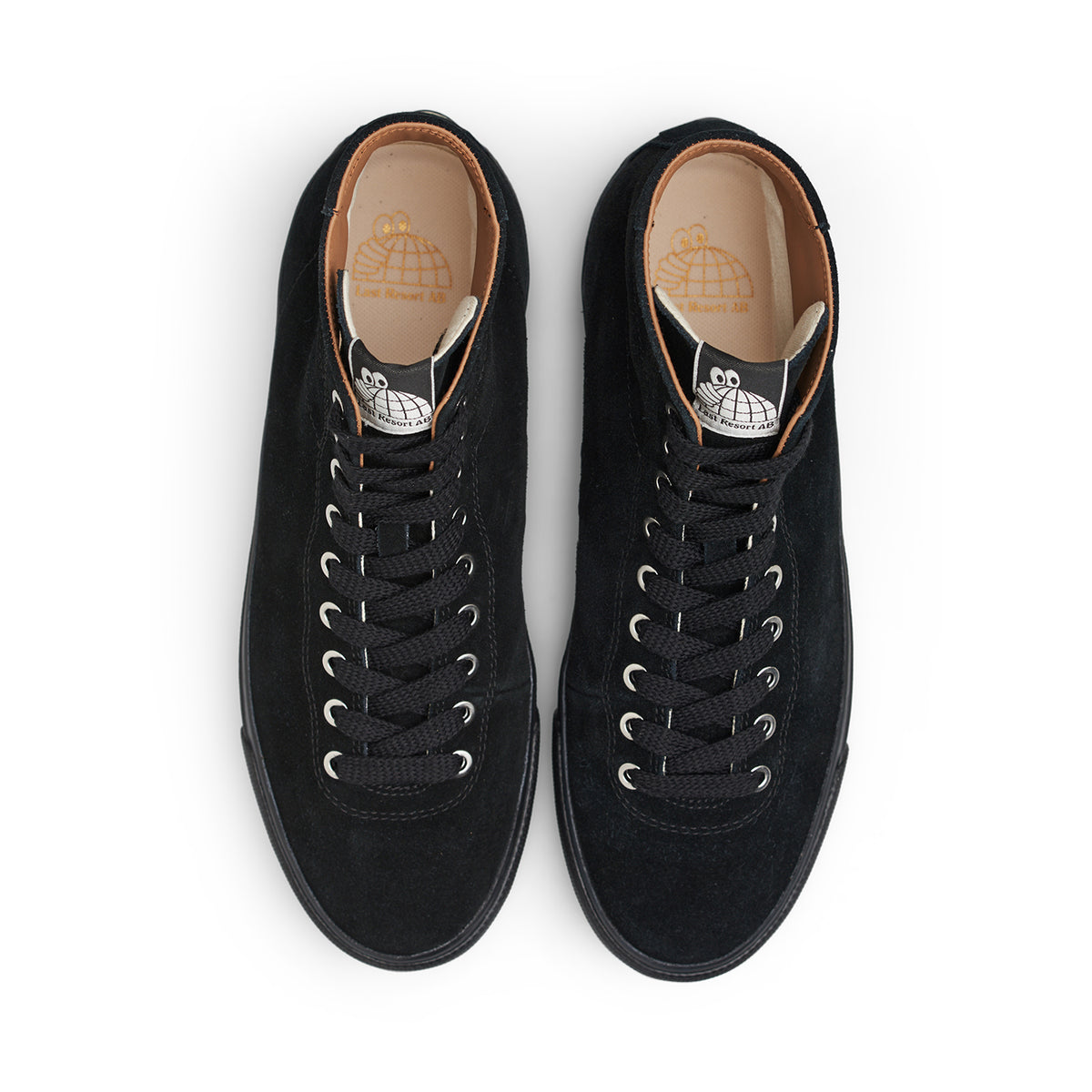 A pair of black suede high-top sneakers shown from a top-down view on a clean white background.