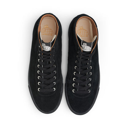 A pair of black suede high-top sneakers shown from a top-down view on a clean white background.