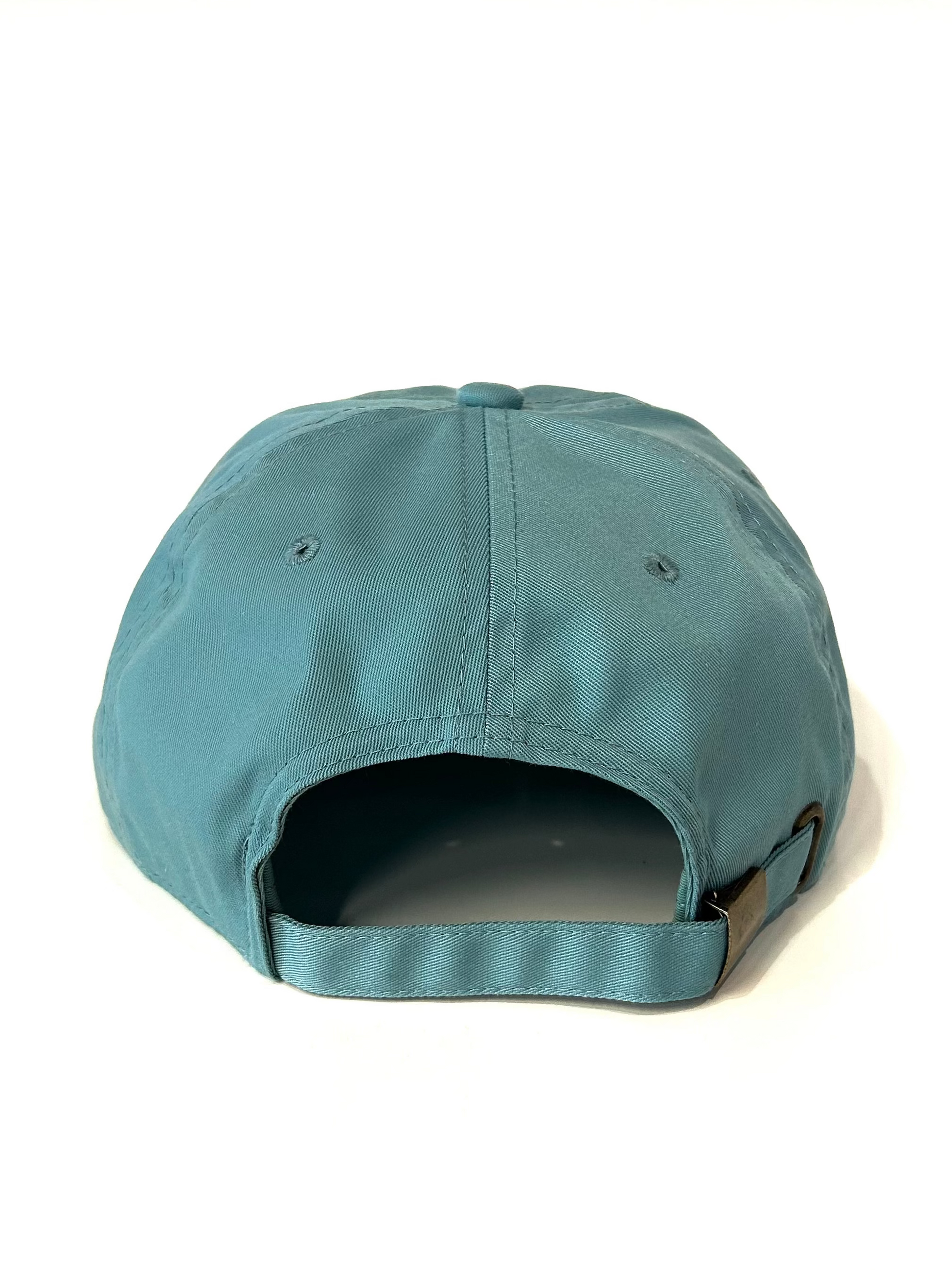 back view of teal baseball cap on a white background