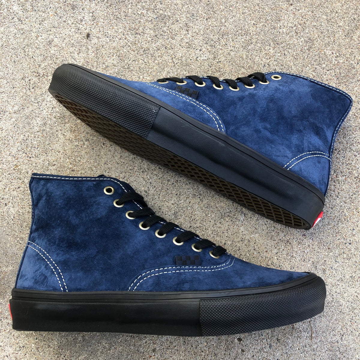 Vans Skate Authentic High in Navy Suede, Black  Soles, Black Laces, White Contrast Stitching 