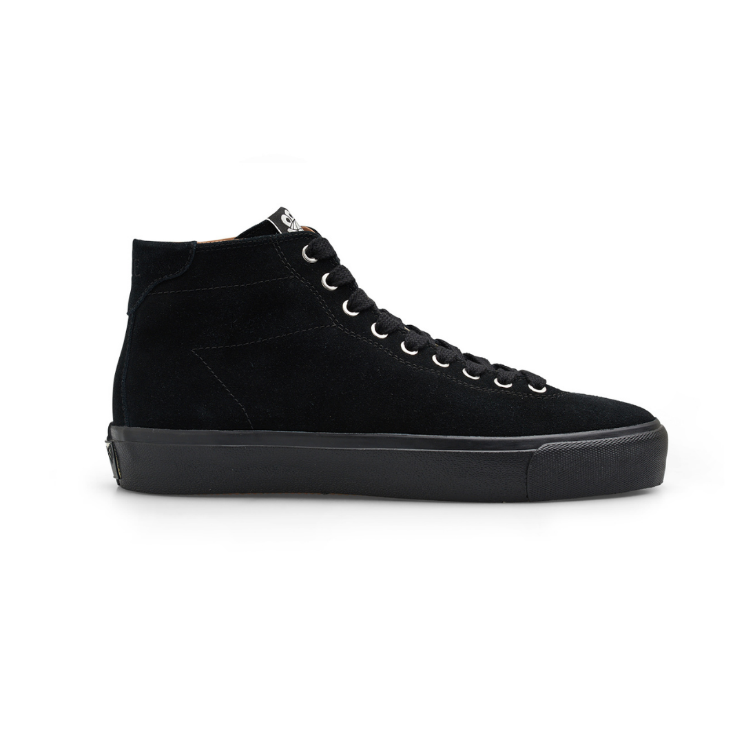 Black boot with a strap on a white background