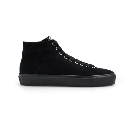 Black boot with a strap on a white background